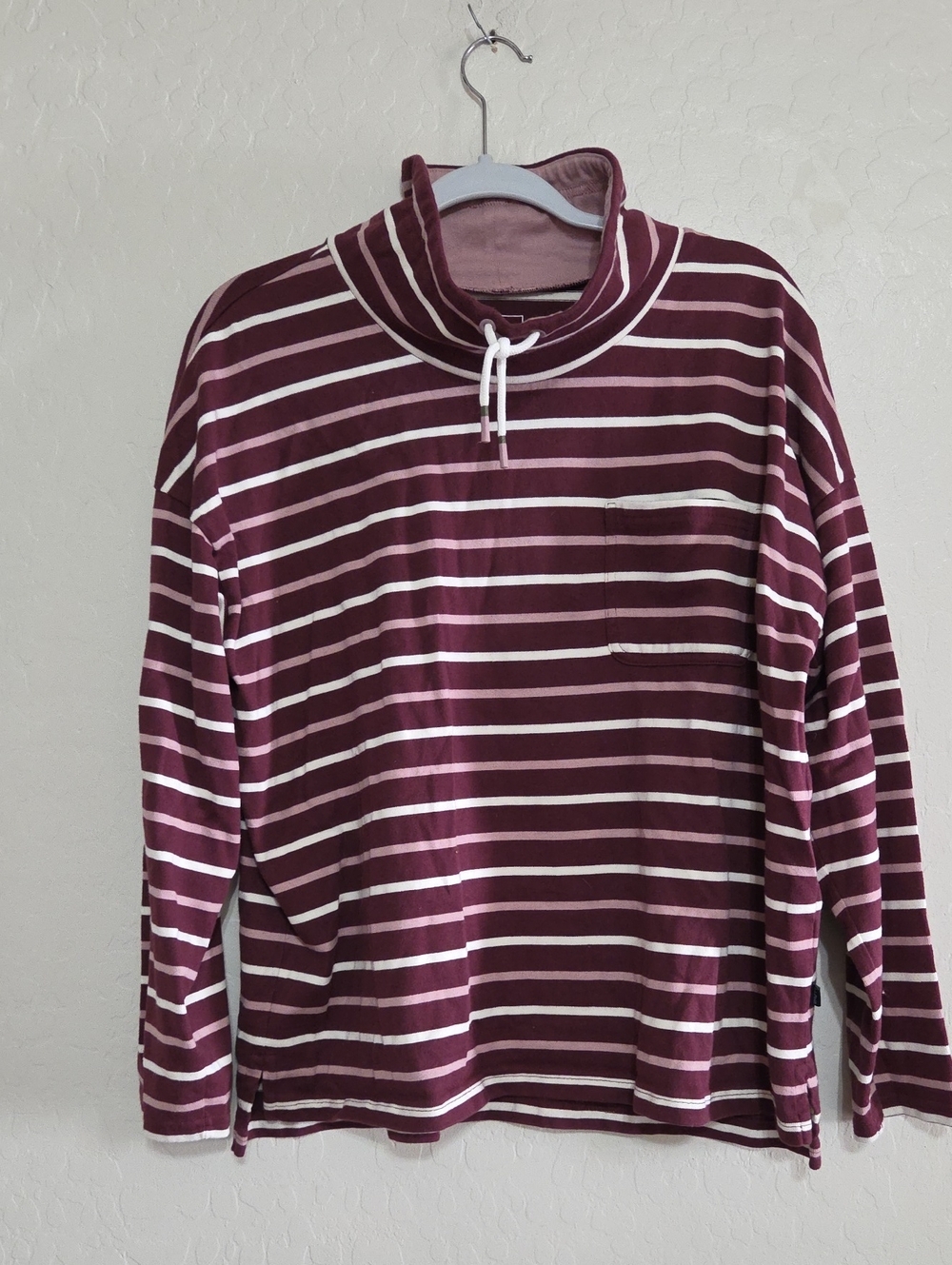 L.L. Bean Burgundy and White Striped Drawstring Mock Neck Top